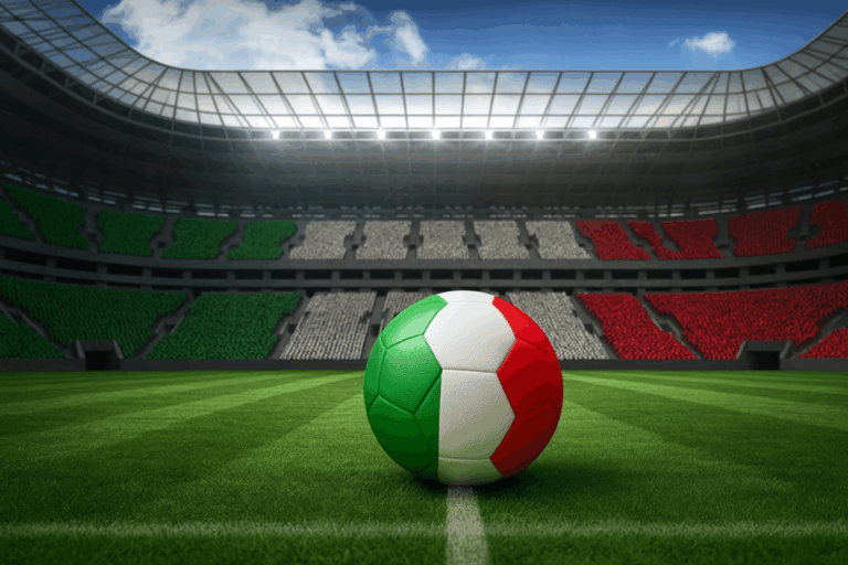 Football with Italian flag colors on the pitch inside a stadium