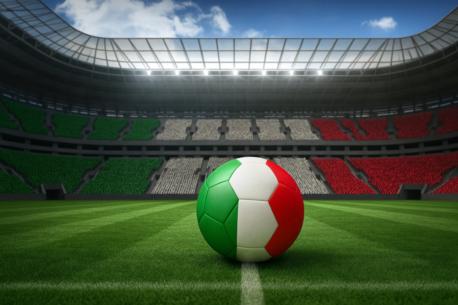 Football with Italian flag colors on the pitch inside a stadium